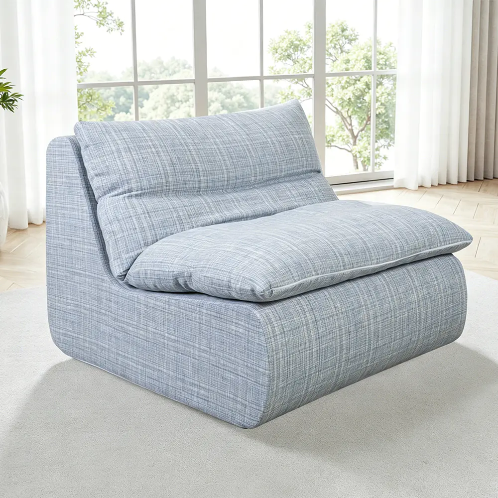Sofa tunggal berwarna biru dengan bantalan spons yang dapat dilepas