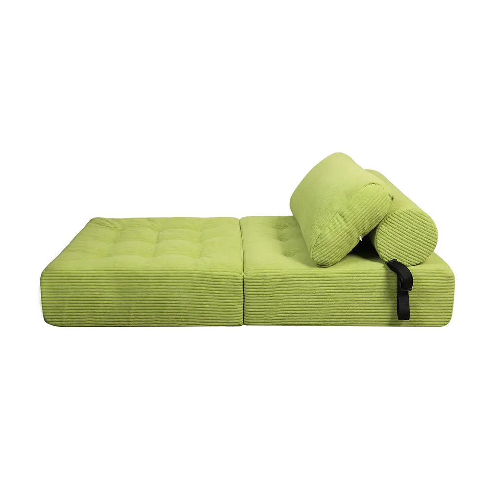 Sofa bergaris hijau dengan tali pengikat