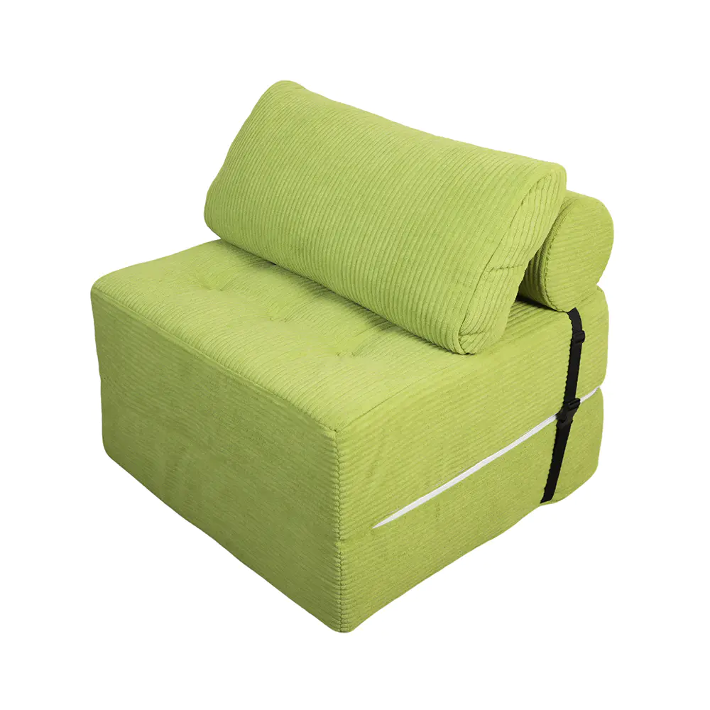 Sofa bergaris hijau dengan tali pengikat