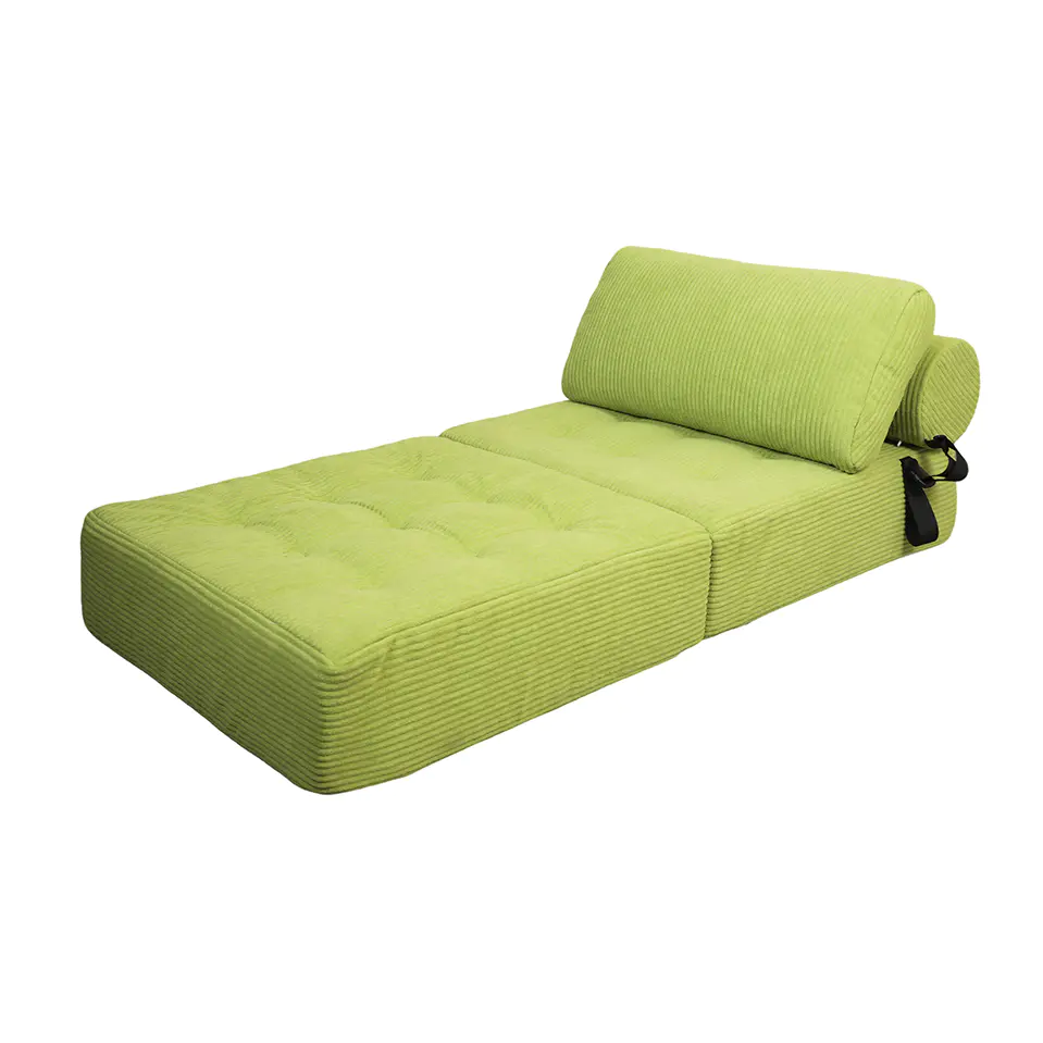 Sofa bergaris hijau dengan tali pengikat